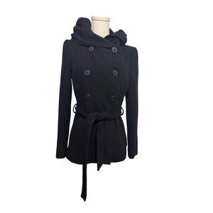 ZARA Small Hooded Black Belted Double-Breasted Wool Blend Coat